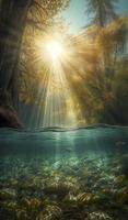 big fish swimming below the surface with trees and sunlight, in the style of otherworldly landscapes, generat ai photo