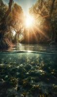 big fish swimming below the surface with trees and sunlight, in the style of otherworldly landscapes, generat ai photo