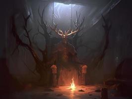 DnD art shrouded monster wreathed in lightening with antlers standing in darkened corner of a medieval throne room, dark, generat ai photo