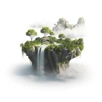 Floating fantasy island, with waterfall and green grass and trees, mountains, heaven touch on flying piece of land, clouds, isolated on white background, generat ai photo