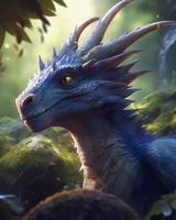 handsome anime dragon in Amazon rainforest, dnd character, background focus, fantasy, magic, realistic textured skin, generat ai photo