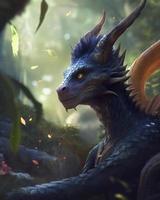 handsome anime dragon in Amazon rainforest, dnd character, background focus, fantasy, magic, realistic textured skin, generat ai photo