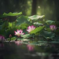 In summer, the green lotus leaves sway gently on the clear pool water, the slender lotus roots sway with the wind, and the pink lotus flowers are about to bloom, generat ai photo