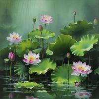 In summer, the green lotus leaves sway gently on the clear pool water, the slender lotus roots sway with the wind, and the pink lotus flowers are about to bloom, generat ai photo