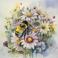 Honey bee on top of a bouquet of spring wildflowers, watercolour, generat ai photo