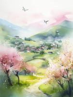 in spring, pink peach trees, green mountains, ancient buildings, a few swallows, a lot of white space, fog, fresh and bright colors,Watercolor children's illustration, generat ai photo