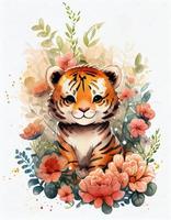 dreamy watercolor cute happy chibi tiger with flowery fairytale background, white background, generat ai photo