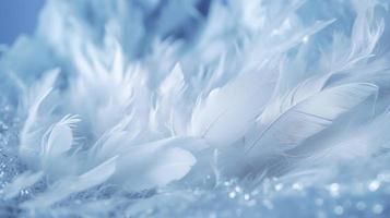 a bright blue background with one white feather, in the style of soft and dreamy pastels, glimmering light effects, nature inspired imagery, fairycore, soft focal points, generate ai photo