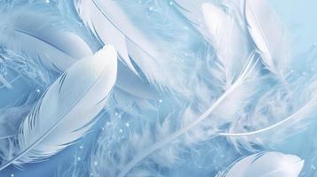 a bright blue background with one white feather, in the style of soft and dreamy pastels, glimmering light effects, nature inspired imagery, fairycore, soft focal points, generate ai photo