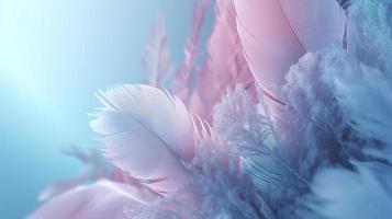 a bright blue background with one Deep Carmine Pink  Flamingo feathers, in the style of soft and dreamy pastels, glimmering light effects, nature-inspired imagery, generat ai photo