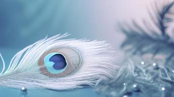 a bright blue background with one peacock feather, in the style of soft and dreamy pastels, glimmering light effects, nature-inspired imagery, generat ai photo