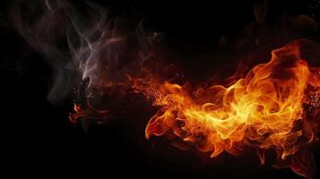 Detail of fire sparks isolated on black background, Blaze fire flame background and textured, generate ai photo