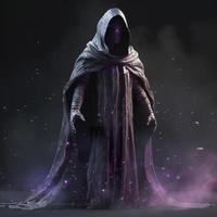 A dark and powerful being from the edge of the cosmos, its body is made of ashen mist and purple chaos, it wears an iridescent cloak that is reminicent of a nebula, generate ai photo