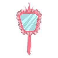 Hand mirror with crown from princess. Pink vintage accessory for a little girl. Toy isolated on white background. Vector illustration