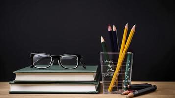 Free photo stack of books with pencil holder and glasses against a chalkboard, generate ai