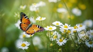 Photo the yellow orange butterfly is on the white pink flowers in the green grass fields, generat ai