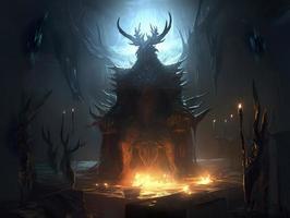 DnD art shrouded monster wreathed in lightening with antlers standing in darkened corner of a medieval throne room, dark, generat ai photo