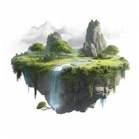 Floating fantasy island, with waterfall and green grass and trees, mountains, heaven touch on flying piece of land, clouds, isolated on white background, generat ai photo