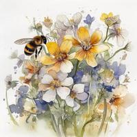 Honey bee on top of a bouquet of spring wildflowers, watercolour, generat ai photo