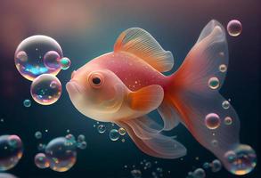 A surrealistic hyperrealistic fairytale cute cuddle fish. The background is a landscape with peach, pink and iridescent soap bubbles floating around, generat ai photo