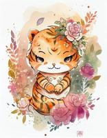 dreamy watercolor cute happy chibi tiger with flowery fairytale background, white background, generat ai photo