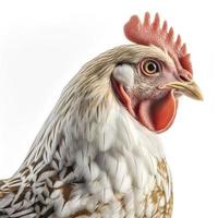 retrato de un jengibre pollo en pie aislado en blanco fondo, perfil ver de un pollo blanco fondo, fotorrealista, hiperrealismo, generar ai foto