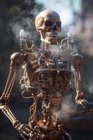 cuento de hadas Steampunk robótico esqueleto emerge desde el líquido cobre. lleno de vapor corazón y livianos dentro su pecho. caminando mediante el Steampunk ciudad, generar ai foto
