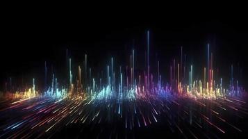 light lines with bright colors in a dark environment, in the style of futuristic landscapes, vibrant skylines, light bronze and magenta, light crimson and light blue, generat ai photo