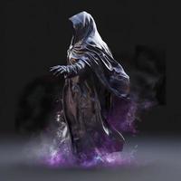 A dark and powerful being from the edge of the cosmos, its body is made of ashen mist and purple chaos, it wears an iridescent cloak that is reminicent of a nebula, generate ai photo