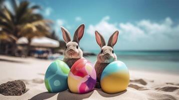 Easter bunnies and colorful easter eggs on a sand beach easter vacation photo