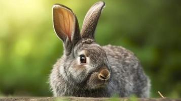 retrato de un linda mullido gris Conejo con orejas en un natural verde fondo, generar ai foto