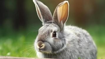 Portrait of a cute fluffy gray rabbit with ears on a natural green background, generat ai photo