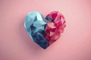 un corazón forma hecho con polígonos en rosado matices en un ligero azul degradado fondo, generar ai foto