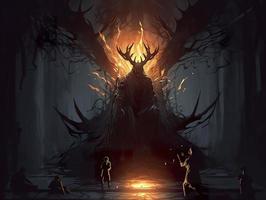 DnD art shrouded monster wreathed in lightening with antlers standing in darkened corner of a medieval throne room, dark, generat ai photo