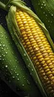 Fresh Corn seamless background, adorned with glistening droplets of water. Top down view, generat ai photo