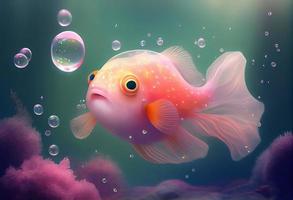 A surrealistic hyperrealistic fairytale cute cuddle fish. The background is a landscape with peach, pink and iridescent soap bubbles floating around, generat ai photo