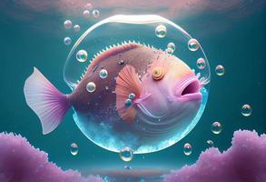 A surrealistic hyperrealistic fairytale cute anglerfish. The background is a landscape with peach, pink and iridescent soap bubbles floating around, generat ai photo