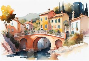 a bright fairytale watercolor of houses along the river with a bridge french riviera, generat ai photo