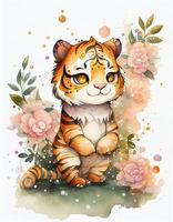 dreamy watercolor cute happy chibi tiger with flowery fairytale background, white background, generat ai photo