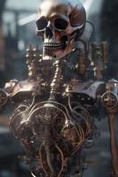 fairytale steampunk robotic skeleton emerges from the liquid copper. steamy heart and lungs inside his chest. walking through the steampunk city, generate ai photo