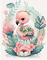 reamy watercolor cute happy chibi flamingo with flowery fairytale background, soft pastel colors, generat ai photo