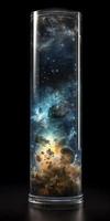 Glass tube contained the oceans, earth, wind, fire, ether, entire nature universe with stargazing nebula and stars, galaxies, generate ai photo