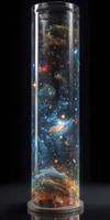 Glass tube contained the oceans, earth, wind, fire, ether, entire nature universe with stargazing nebula and stars, galaxies, generate ai photo