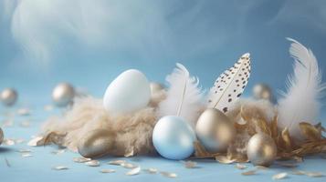 a bright blue background with one white Down feathers and eggs, in the style of soft and dreamy pastels, glimmering light effects, nature-inspired imagery, generat ai photo