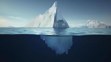 iceberg con encima y submarino ver tomado en Groenlandia. iceberg - oculto peligro y global calentamiento concepto. iceberg espejismo creativo idea, generar ai foto