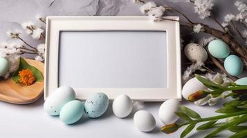 Free photo frame between easter eggs on plate near little stones in bowl and flower twigs, generat ai