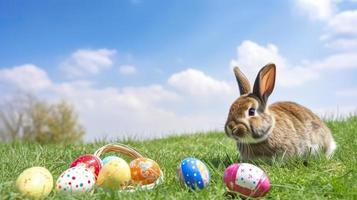 Free photo rabbit and easter eggs in green grass with blue sky, generat ai