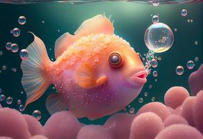 A surrealistic hyperrealistic fairytale cute anglerfish. The background is a landscape with peach, pink and iridescent soap bubbles floating around, generat ai photo