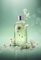 a small bottle with flowers is flying around, in the style of minimal retouching, gong bi, soft color blending, light green and white, layered imagery, generat ai photo