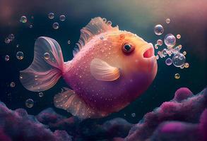 A surrealistic hyperrealistic fairytale cute anglerfish. The background is a landscape with peach, pink and iridescent soap bubbles floating around, generat ai photo